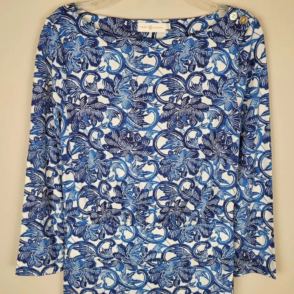 Tory Burch Sheila Floral Silk Dress Knee Lenght 3/4 Sleeve Blue White Size S